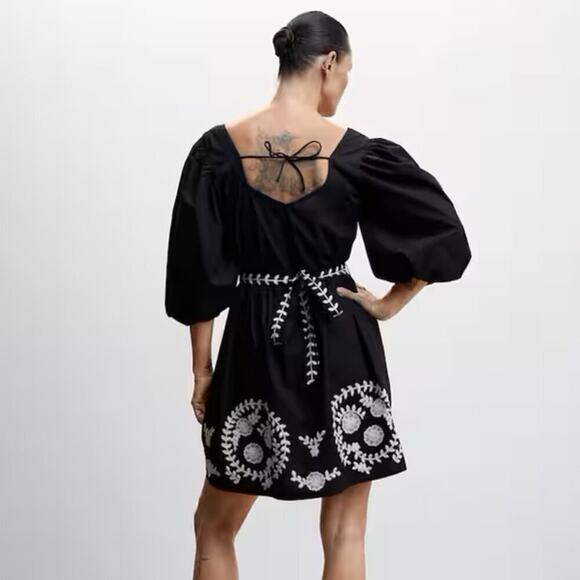 🖤 MANGO Puff Sleeve Mini Dress NWT | Embroidered Cotton Bow Back 6 - Picture 2 of 14